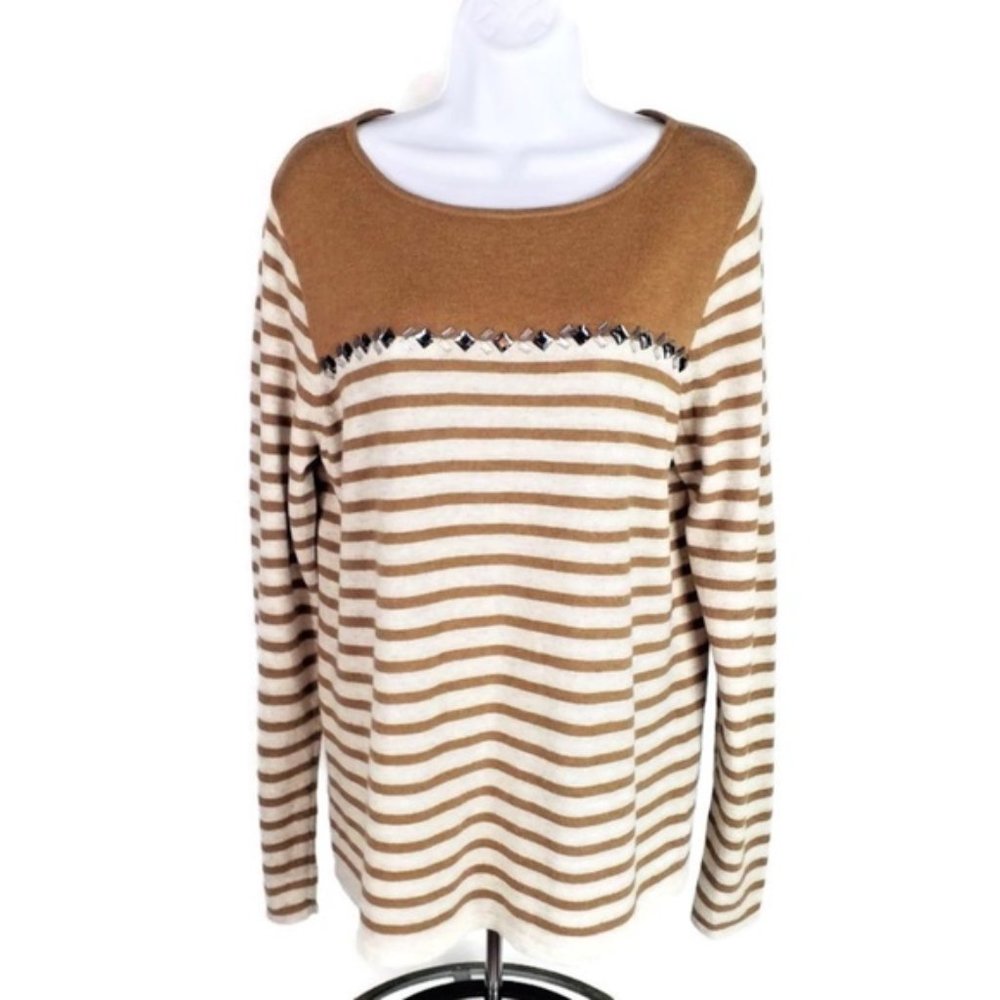 J Crew Factory Breton Tan Cream Stripe Long Sleeve Embellished Sweater Womens XL